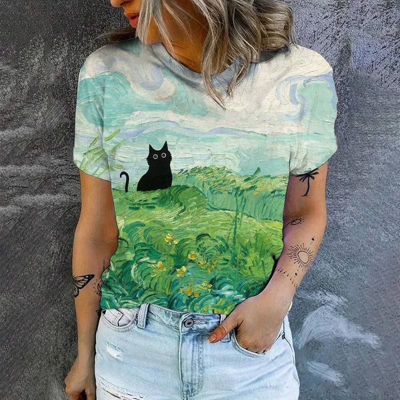 the BIG EYES CAT - Breathable Cat Print Casual Comfortable Loose O-Neck T-Shirt for Women