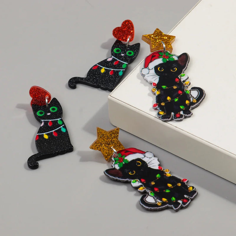 the BLACK CAT COLLECTION - Christmas Hat Black Cat Acrylic Earrings Pendant Cute Xmas Colored Lights Cats Drop Earring New Year Jewelry Gifts