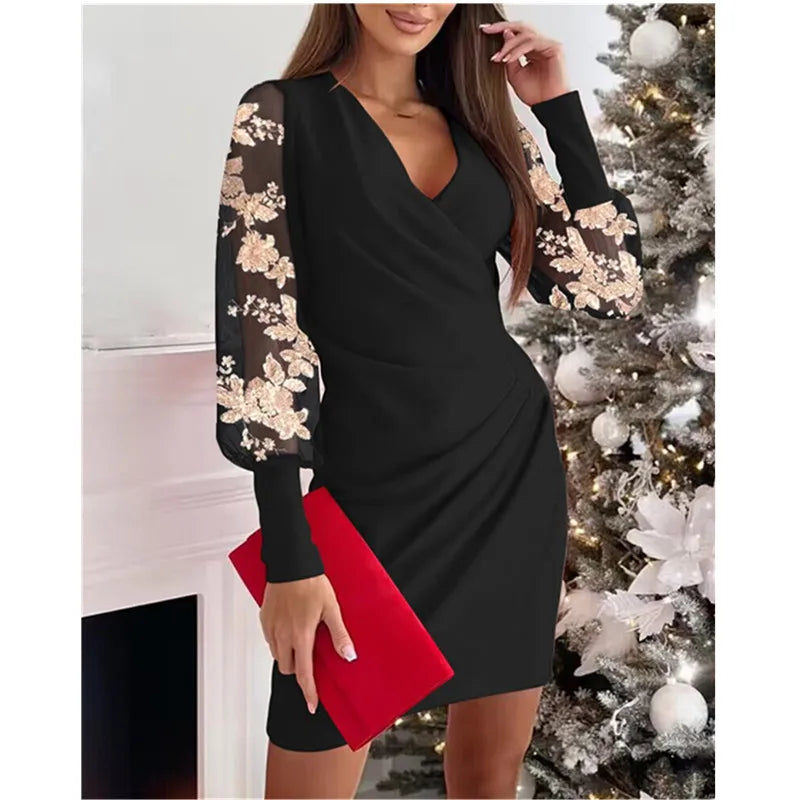 the TIFFANY - Solid Color Lace Long Sleeved V-Neck Waist Hugging Dress