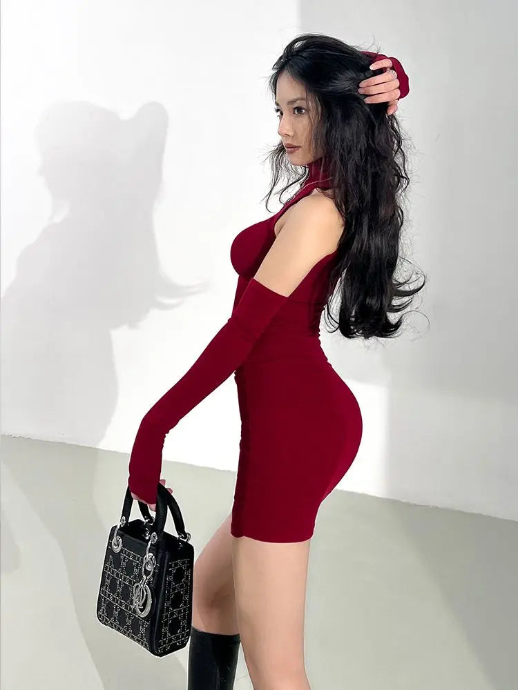 the HANNAH - Sexy High Neck Oversleeve Pleated Bodycon Mini Dress