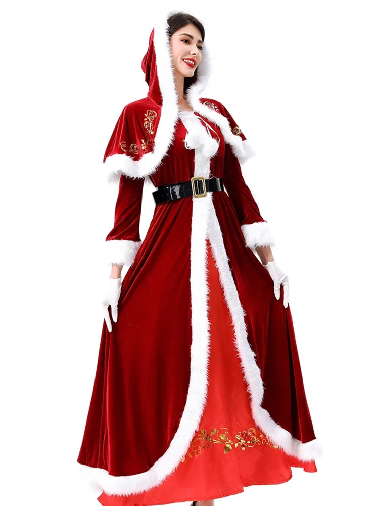 the SANTA MRS. CLAUS - Women Mrs. Claus Costume Adult Women Deluxe Christmas Party Role Play Mrs. Claus Costume Long Dress Dress Red Velvet