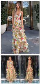 the FLOWER GIRL - Colorful Floral Printing Beach Long Dresses, Summer Chic Spaghetti Straps Backless Princess Fairy Maxi Dress