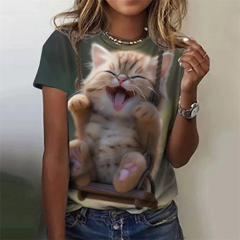 the CUDDLE CAT - 3D Printed Cute Funny Cat Graphic Oversized Short Sleeves Round Neck T-Shirts for Women