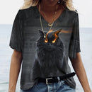 the RAINBOW KITTY - V-Neck T-shirt Women's Summer Casual Oversize Dazzle Color Cats Print Shirt Short Sleeve Top Vintage Streetwear