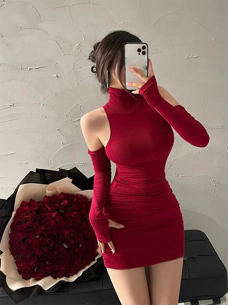 the HANNAH - Sexy High Neck Oversleeve Pleated Bodycon Mini Dress