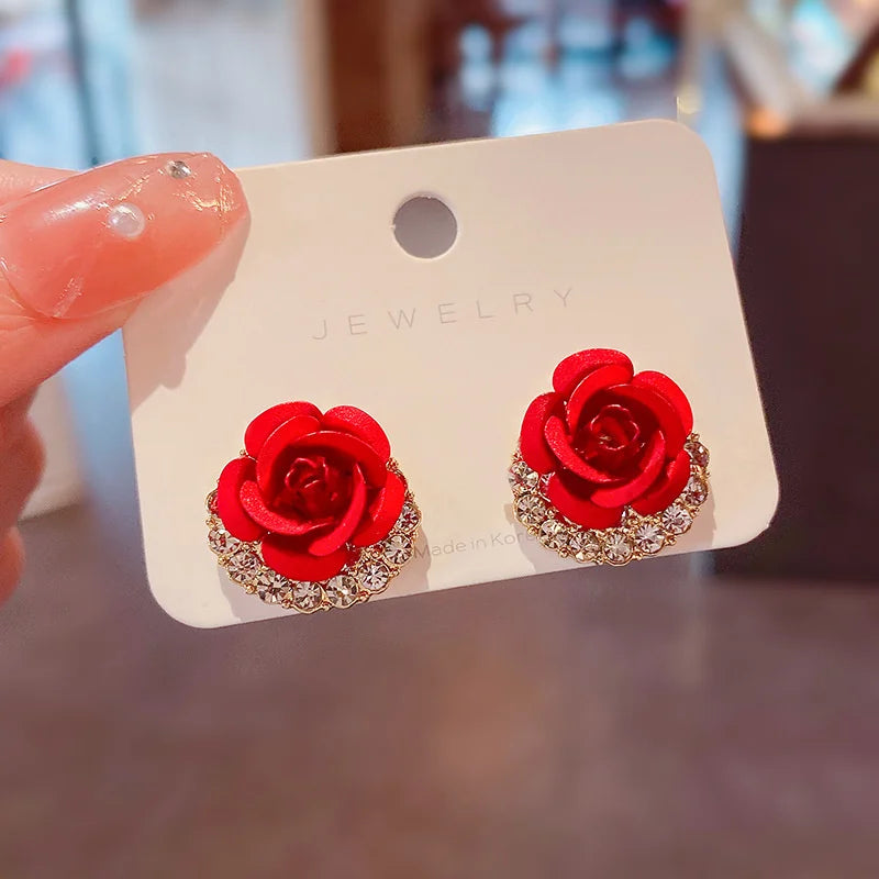 the FLOWER GIRL - Red Rose Zircon Stud Earrings Luxury Crystal Flower Snowman Pearl Christmas Earrings Bride Wedding Jewelry Gift