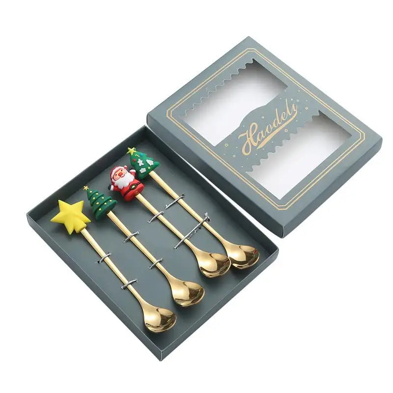 the FANCY SERVING - Christmas Gift Elk Head Christmas Tree Shape Stainless Coffee Spoon Set New Year Christmas Decoration Navidad 2025 Gifts