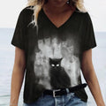 the SHADOW BLACK CAT - Cute Cat Pattern Print V-Neck Short Sleeve Fashion T-Shirts for Women