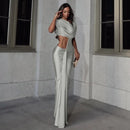 the SATIN SAND - Women Ruched Diagonal Collar Shorts Sleeve Waistless Slits Street Trend Elegant Long Bodycon Dress