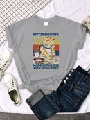 the KITTZY BISCUITS - Cats Cooking Cartoon Printing Short Sleeve Breathable T-Shirts for Women