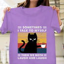 the PSYCHO CAT - Black Cat Drinking Coffee Pattern Printed Creative Cat Short-Sleeved T-Shirt