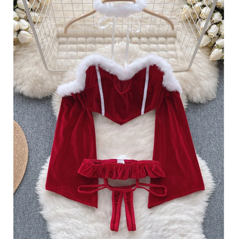 the SECRET SANTA - Christmas Red Top Sexy Patchwork Bodysuit Cosplay Erotic Lingerie Winter Strap Pajamas Nightwear