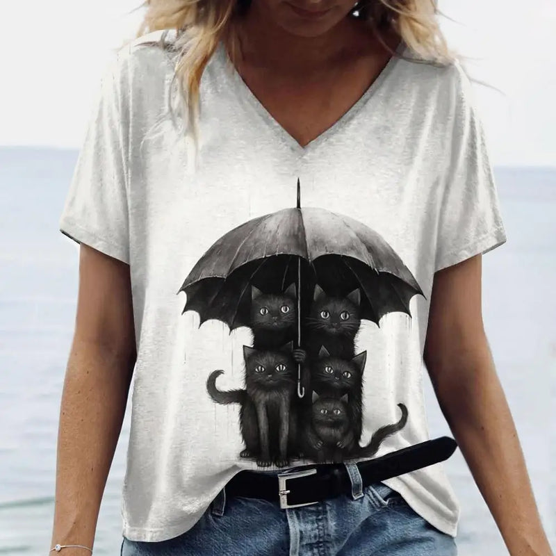 the SHADOW BLACK CAT - Cute Cat Pattern Print V-Neck Short Sleeve Fashion T-Shirts for Women