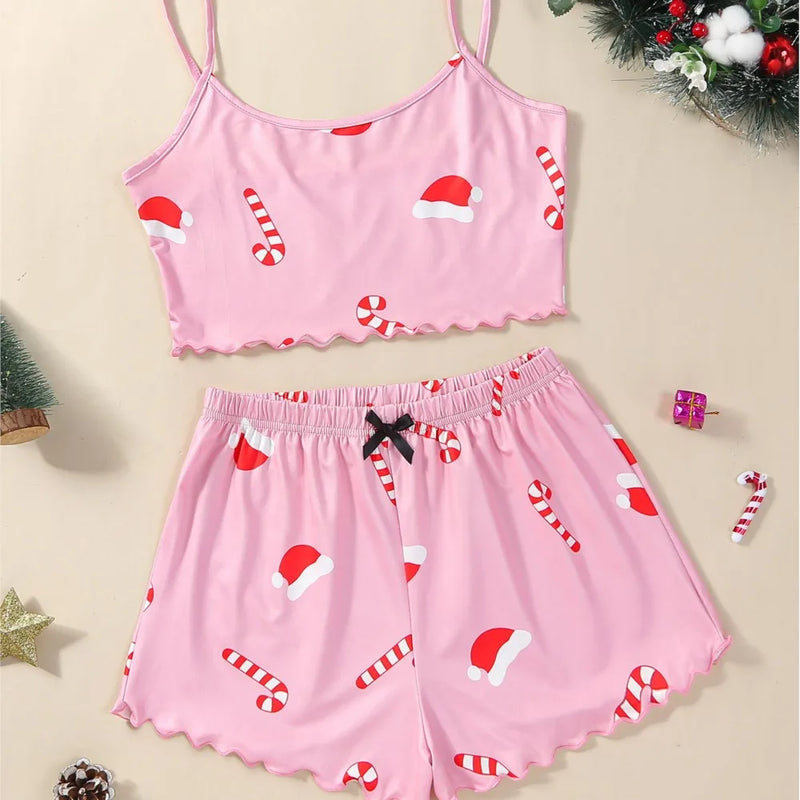 the SANTA SLEEPWEAR - Women's 2 Pieces Pajama Set Sleeveless Spaghetti Strap Christmas Print Cami Sleepwear Shorts Sets Girls Nightwear Home Clothes