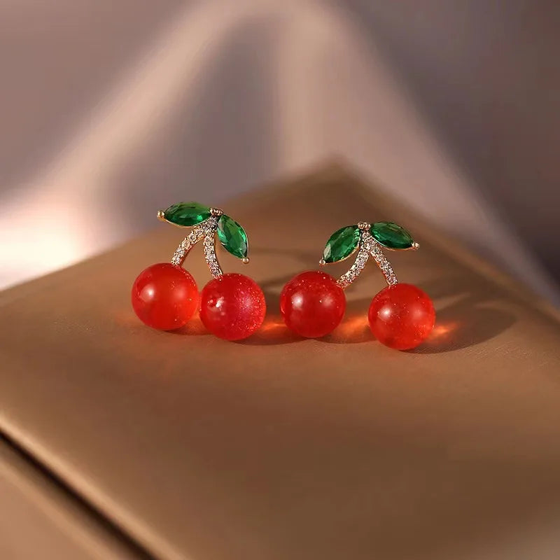 the FRUIT CAKE - Red Zircon Cherry Leaf Stud Earrings Shiny Crystal Fruit Grape Flower Earring Christmas Party Jewelry Gift