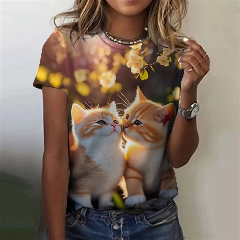 the CUDDLE CAT - 3D Printed Cute Funny Cat Graphic Oversized Short Sleeves Round Neck T-Shirts for Women