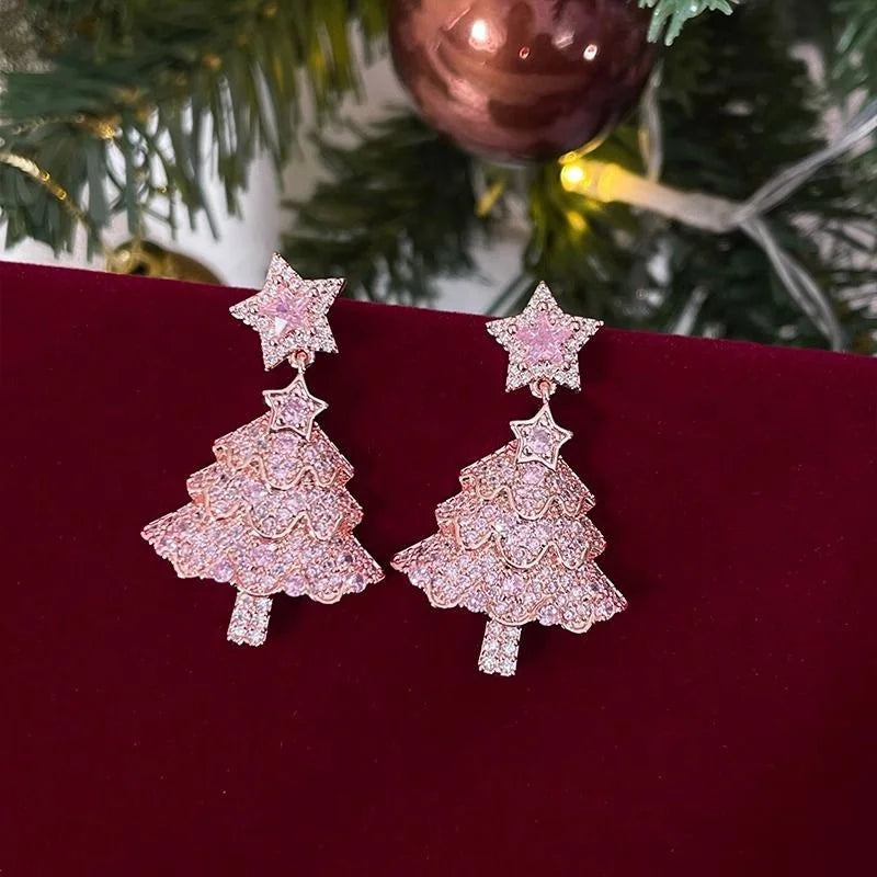 the CHRISTMAS TREE COLLECTION - Sweet Pink Christmas Tree Earrings Luxury Sparkling Zircon Dangle Earrings Xmas Holiday Party Jewelry