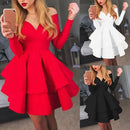the ROYALE - Elegant Women Long Sleeve V-Neck Off Shoulder Large Swing Ruffled Hem Mini Dress