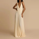 the CASTAWAY - Elegant V-Neck Sleeveless Long Dress Summer Sexy Lace Patchwork Solid Party Dress, Lady Fashion Height Waist Pleat Maxi Dress