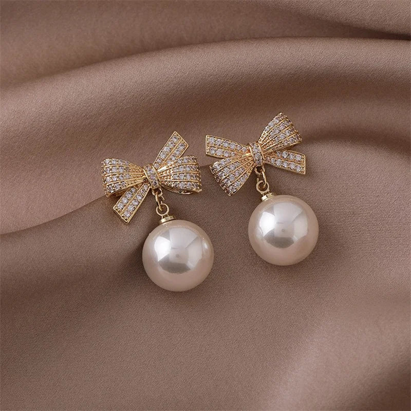 the SWEETHEART -  Ball Crystal Drop Earrings Elegant Pearl Bow Knot Stud Earrings Girl Christmas Jewelry Xmas Party Gift