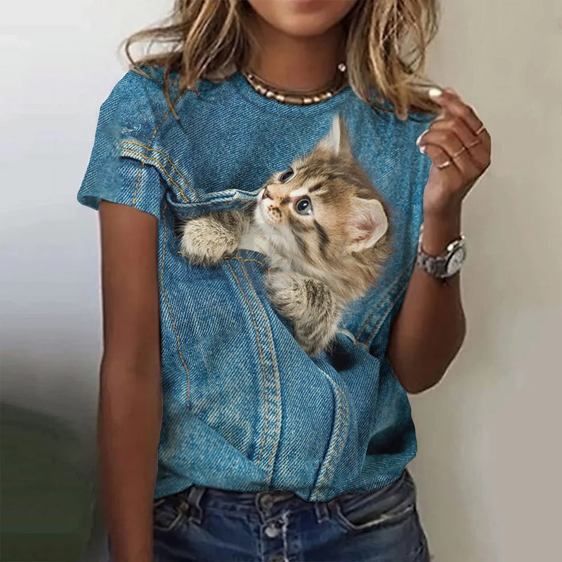 Women 3D Cute Cat Printed Women's T-Shirt Summer Oversized T-Shirt Fashion Popular Clothes Women Clothing Short Sleeve Blouse