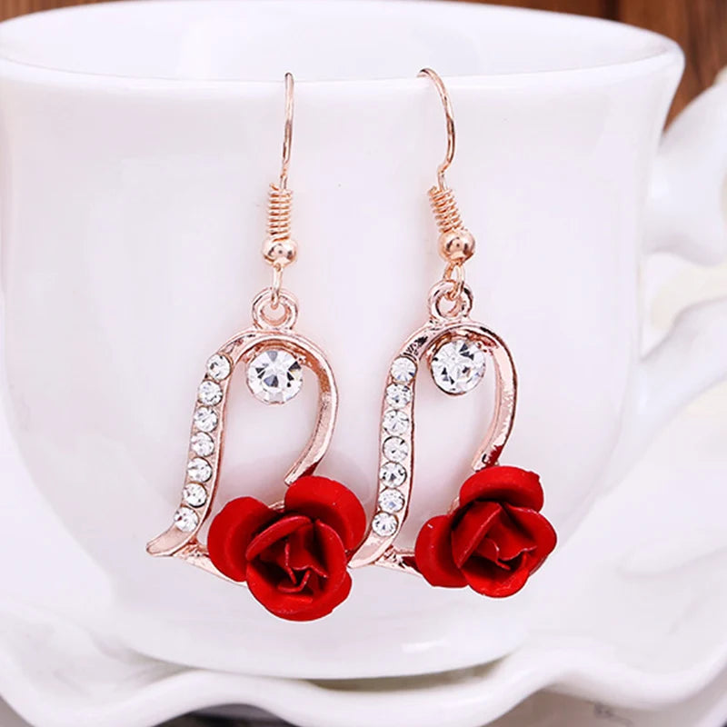 the FLOWER GIRL - Red Rose Zircon Stud Earrings Luxury Crystal Flower Snowman Pearl Christmas Earrings Bride Wedding Jewelry Gift