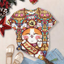 the LUCKY CAT - Lucky Cat Cartoon Print Fashion Casual Short Sleeve Oversized T-Shirts for Women