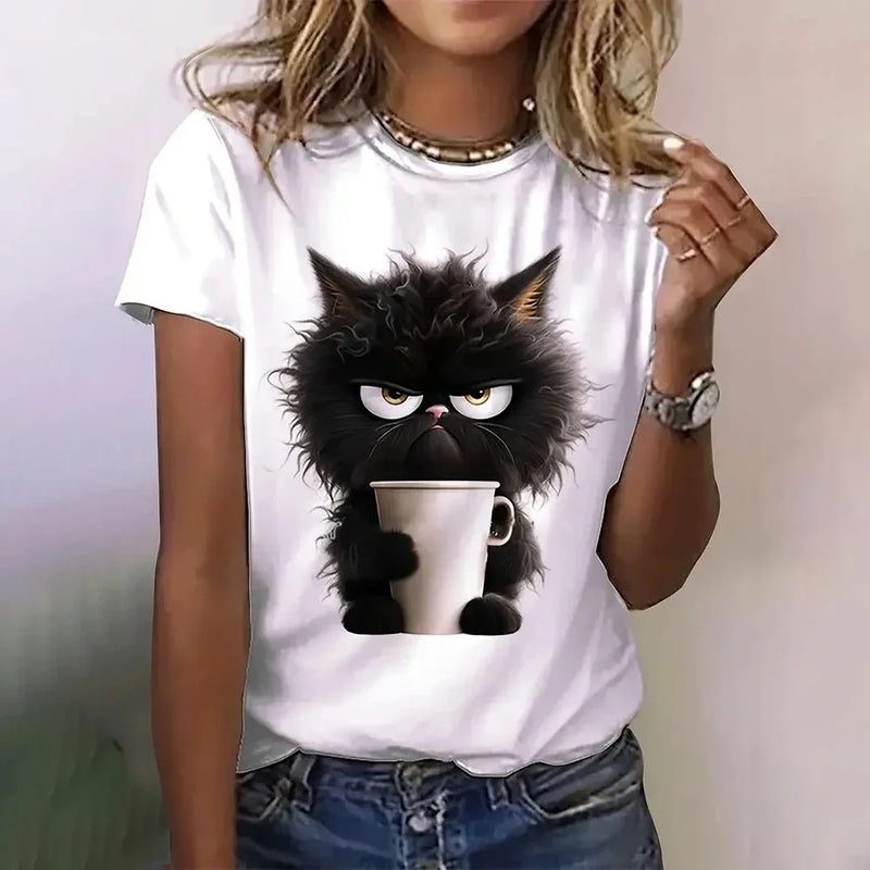 the GRUMPY CAT - Cat 3D Print Casual Short Sleeve Crew Neck Pullover Oversized Fashion Streetwear T-Shirts for Women