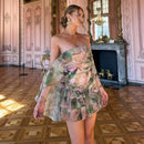 the ELEGANT ROSE - Chiffon Ruffle Dress for Women, Fashion Print Mini A-Line Holiday Party Dresses, Summer Sexy Backless Strapless Dress