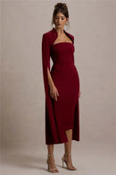 the MERLOT - Cape Long Sleeve Sexy Midi Dress for Women Autumn/Winter New Square Collar Back Slit Bodycon Club Party Long Dress