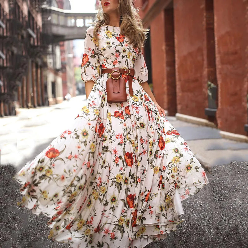 the ROSE GARDEN - Spring/Autumn Vintage Flower Floral Print Maxi Dress, Office Lady Fashion Elegant Long Sleeve O-Neck Dresses for Women