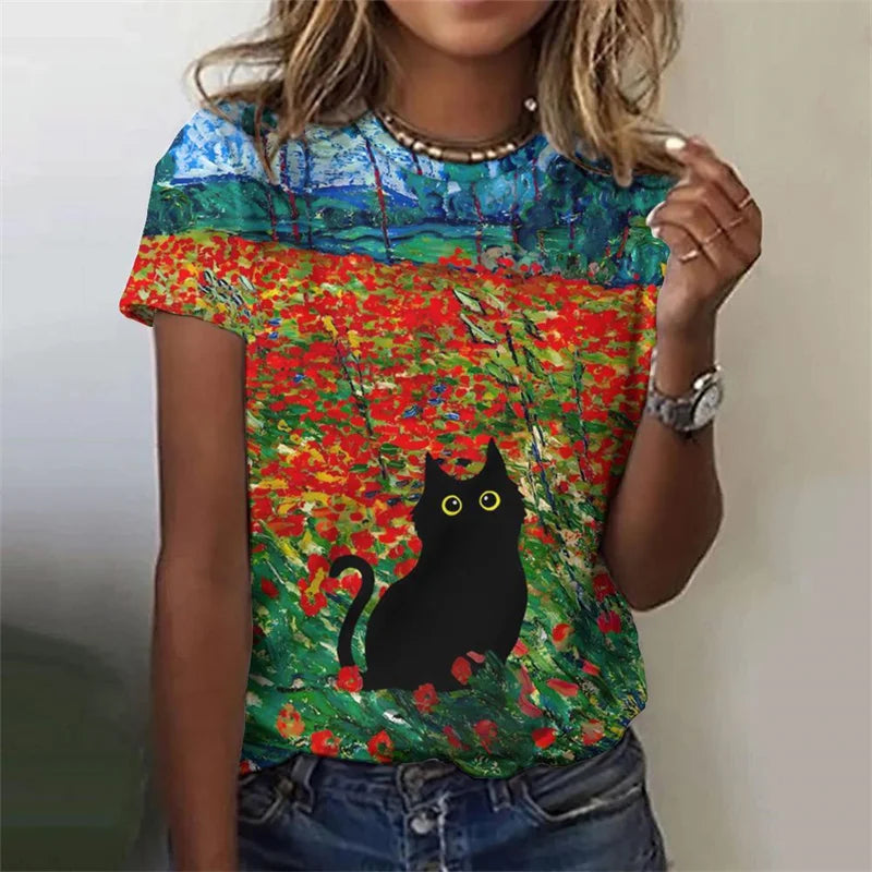 the PAINTED CAT - Flower Cat 3D Print Casual Fashion Short Sleeve O-Neck T-Shirts for Women