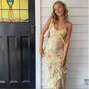 the PRETTY N PINK - Women's Clothing Sleeveless Wave-Edge Sling Dress V-Neck Sexy Ruffles High Waist Colorful Dress