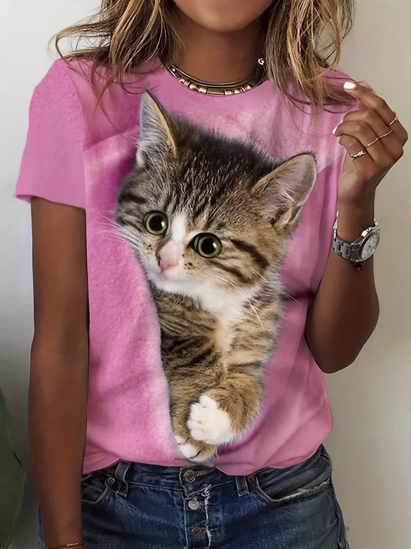 the CUTE TABBY - Cute Cat Print O-Neck Tops Casual Short Sleeve T-Shirt