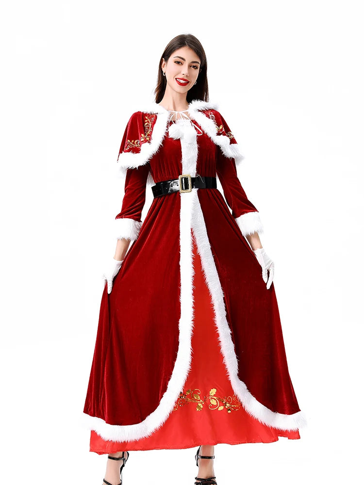 the SANTA MRS. CLAUS - Women Mrs. Claus Costume Adult Women Deluxe Christmas Party Role Play Mrs. Claus Costume Long Dress Dress Red Velvet