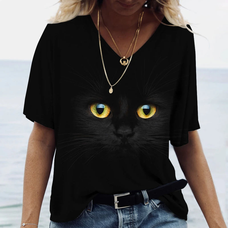 Fashion Woman Blouses 2023 T-Shirt Women's 3d Cats Print Black Kawaii T Shirt Female Clothing Oversized Summer Ladies V-Neck Top