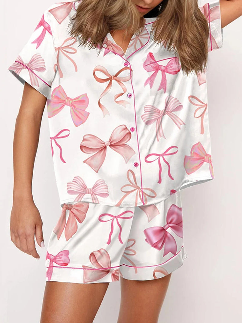 the BOW PEEP PAJAMAS- Pink Bow Silk Pajama Sets 2 Piece Preppy Pajamas Shorts Cute Short Sleeve Matching Lounge Shirts Sets