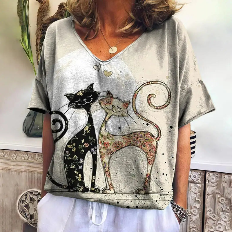 the DECO ART CAT - Cat Print Loose Leisure Summer Short Sleeve V-Neck T-Shirts for Women