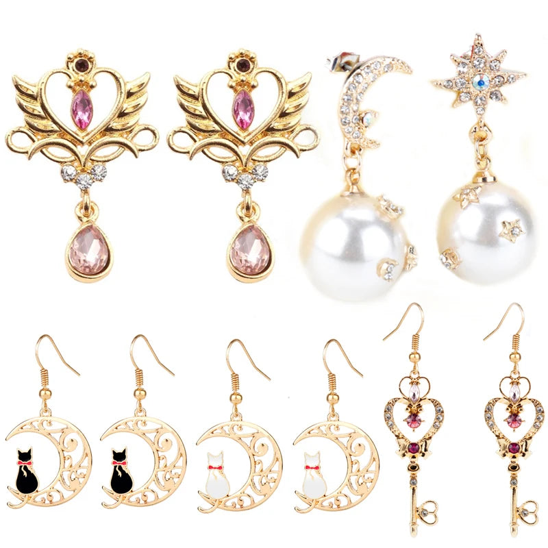 the GLAM GIRL COLLECTION - Earrings Time Key Moon Stick Crystal Pearl Dangle Earrings Kawaii Christmas Gift