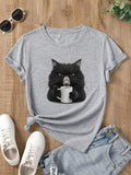 the GRUMPY COFFEE CAT - Cute Coffee Drinking Cat Short Sleeved O-Neck Casual T-Shirt for Women