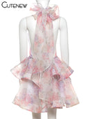 the DIXIE PIXIE - Halter Lace Up Sweet Women Mini Dress, Sexy Backless Ruffle Stacked A-Line Bodycon Female Fashion Princess Party Dress