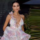 the BALLERINA - Flower Print Fluffy, Women's Lace Up Slimming Strap Party Gown Pleated Skirt Hemline Halter Beach Suspender Dresses