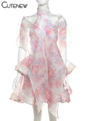 the DIXIE PIXIE - Halter Lace Up Sweet Women Mini Dress, Sexy Backless Ruffle Stacked A-Line Bodycon Female Fashion Princess Party Dress