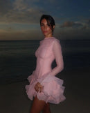 the EVENING ORCHID - Fashion Ruffles Edge Single Breasted Women's Dress, Fashion Long Lantern Sleeve High Waist Mini Dresses