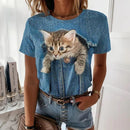 the TAG-ALONG CAT - Cute Cat Print Crew Neck Casual Short Sleeve T-Shirt for Women