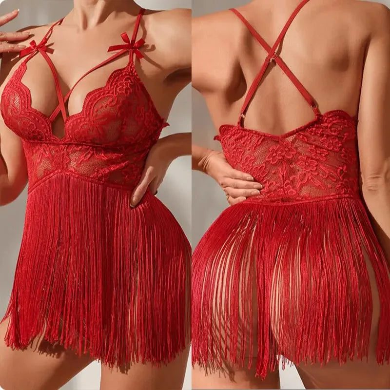 the FRINGE FLAPPER NIGHTIE - Hot Nightie for Ladies See Through Sleepwear Sexy Pajamas Floral Mesh Nightgowns Outfit Sexy Lace Night Dress Lingerie