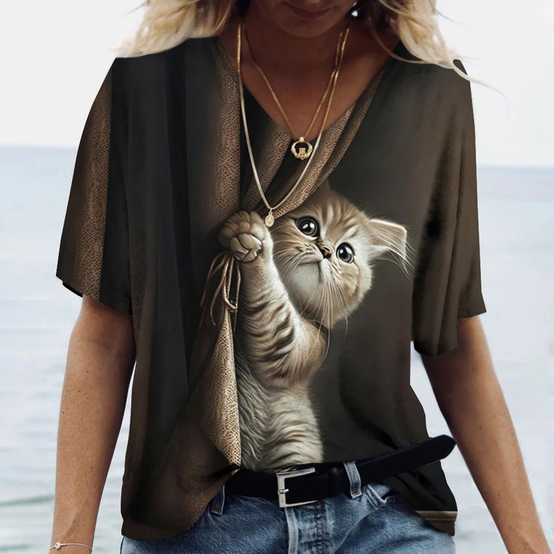 the HUNGRY CAT - Cat Print 3D Cat Print Short Sleeve V-Neck Casual T-Shirts for Women