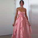 the PINK PRINCESS - Flounce Flower Pink Ladies Dinner Maxi Dress, Elegant Strapless Backless Pleat Sleeveless Sexy Spring New Chic Splicing Gown