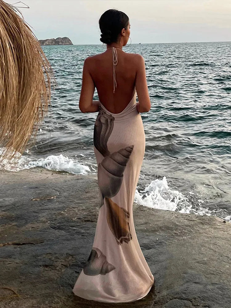 the BETHANY - Sexy Lace Up Sleeveless Off the Shoulder High Waist Backless Halter Vacation Beach Maxi Dress