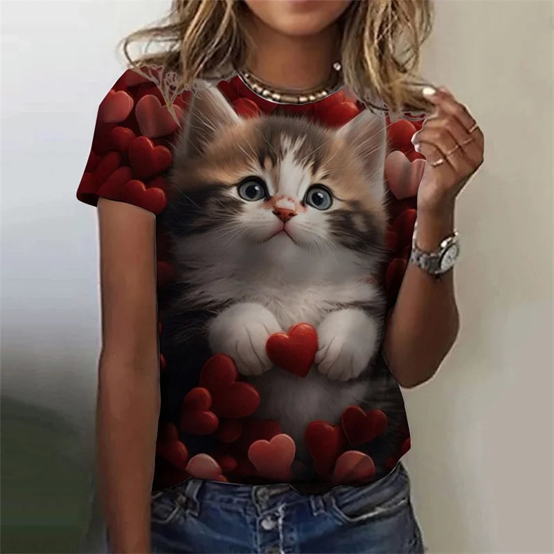 the CUDDLE CAT - 3D Printed Cute Funny Cat Graphic Oversized Short Sleeves Round Neck T-Shirts for Women